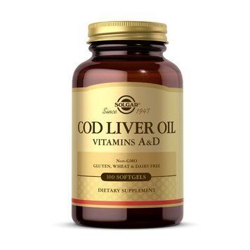 Жир із печінки тріски Solgar Cod Liver Oil (вітаміни A та D), 100 м'яких капсул Solgar COD Liver Oil Vitamins A&D (100 softgels) 000017273 фото